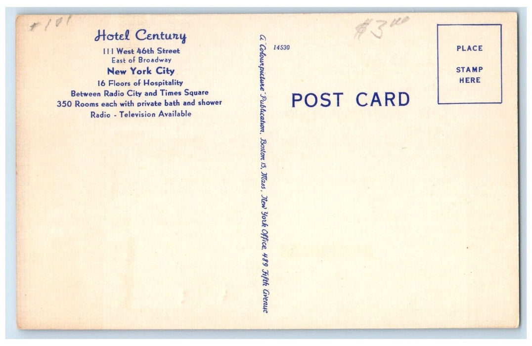 c1950's Hotel Century Building Street View New York City New York NY Postcard