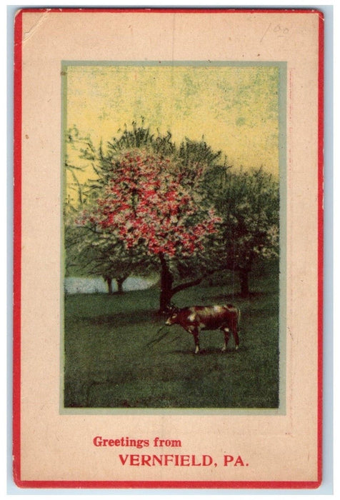 1910 Greetings From Vernfield Pennsylvania Cow Trees Flower Advertising Postcard