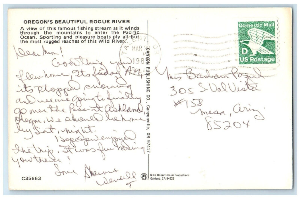 1985 Oregon's Beautiful Rogue River Fishing Stream Pacific Ocean Lake Postcard