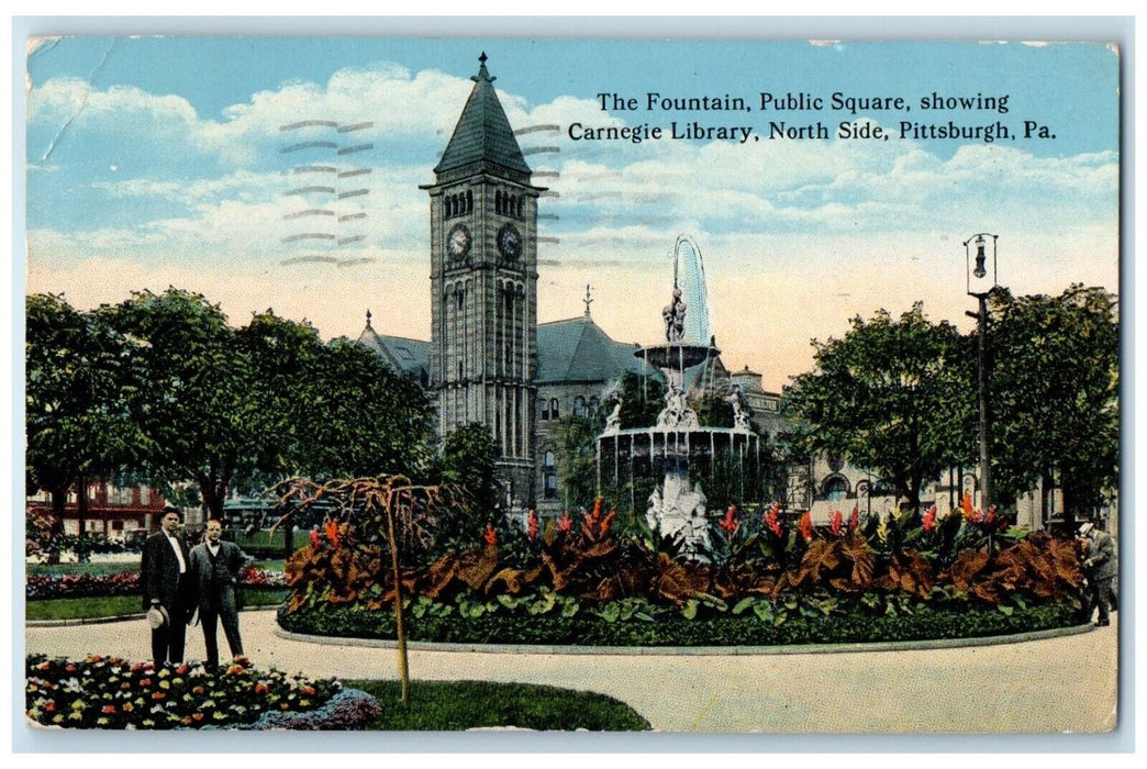 1917 Fountain Public Square Carnegie Library Pittsburgh Pennsylvania PA Postcard