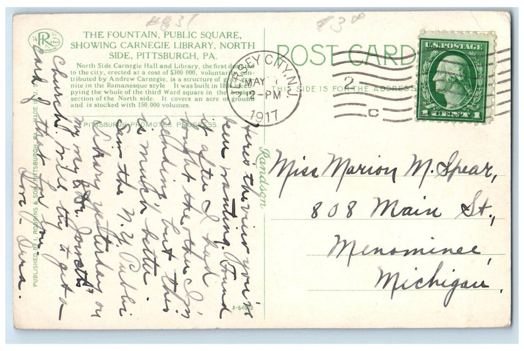 1917 Fountain Public Square Carnegie Library Pittsburgh Pennsylvania PA Postcard