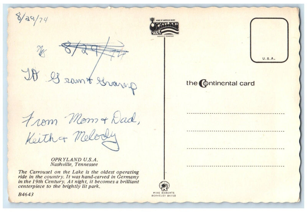 c1960 Carrousel Lake Opryland USA Amusement Park Nashville Tennessee TN Postcard