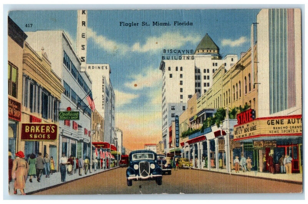 c1940s Flagler St. Biscayne Building Bakers Store Cars Miami Florida FL Postcard