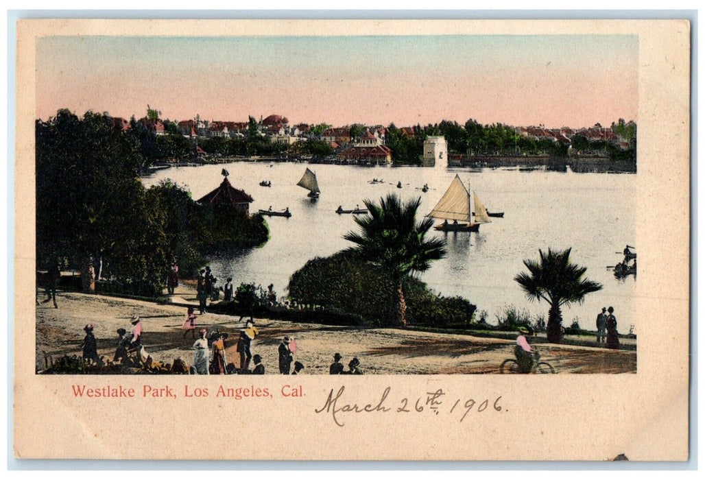 1906 View Of Westlake Park Sailboat Los Angeles California CA Antique Postcard
