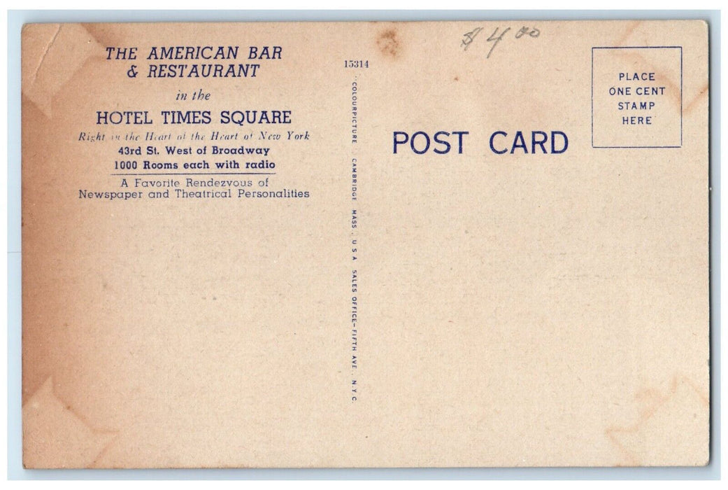 The American Bar & Restaurant Hotel Times Square New York NY Dual View Postcard