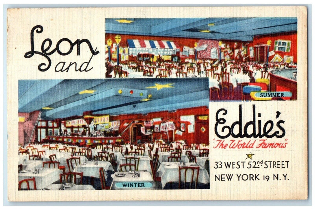 1946 Leon & Eddie's Restaurant Dining Room New York City NY Dual View Postcard