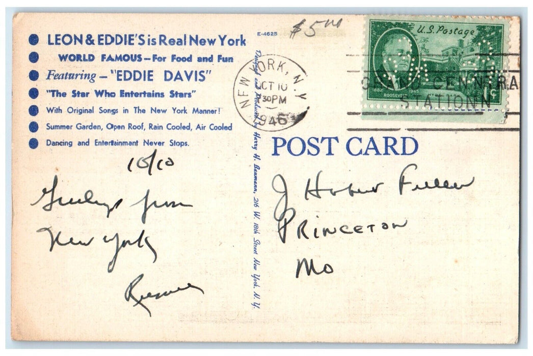 1946 Leon & Eddie's Restaurant Dining Room New York City NY Dual View Postcard