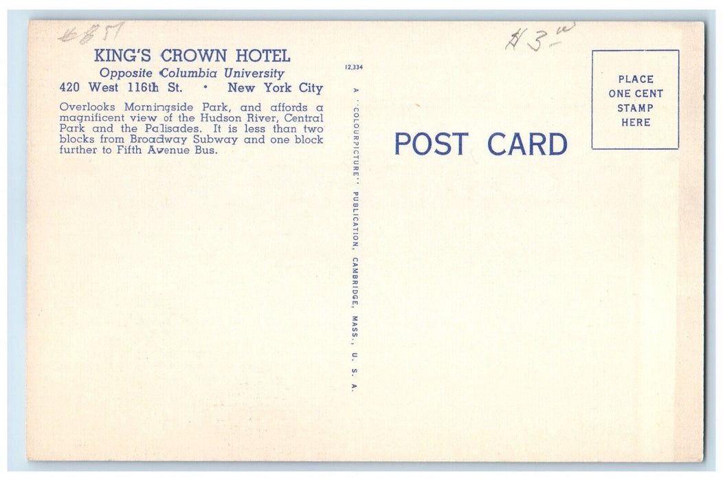c1950's King's Crown Hotel Building Cars New York City New York NY Postcard