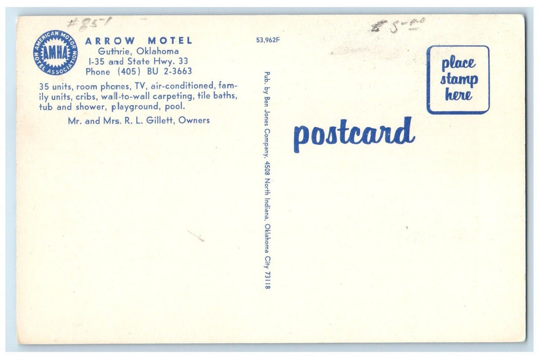 c1950's Arrow Motel And Pool Guthrie Oklahoma OK Dual View Vintage Postcard