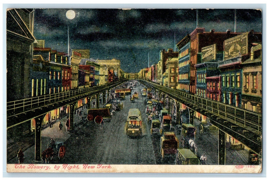 1908 The Bowery By Night New York Trolley Car Train Railroad Postcard
