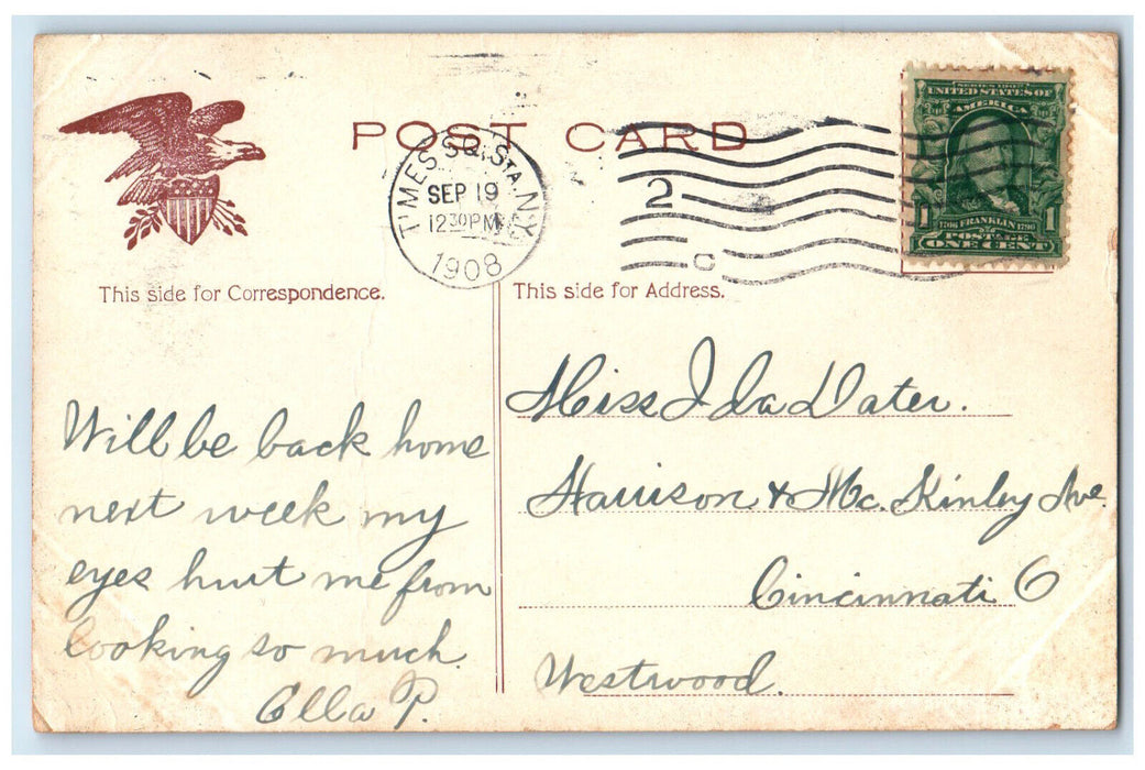 1908 The Bowery By Night New York Trolley Car Train Railroad Postcard