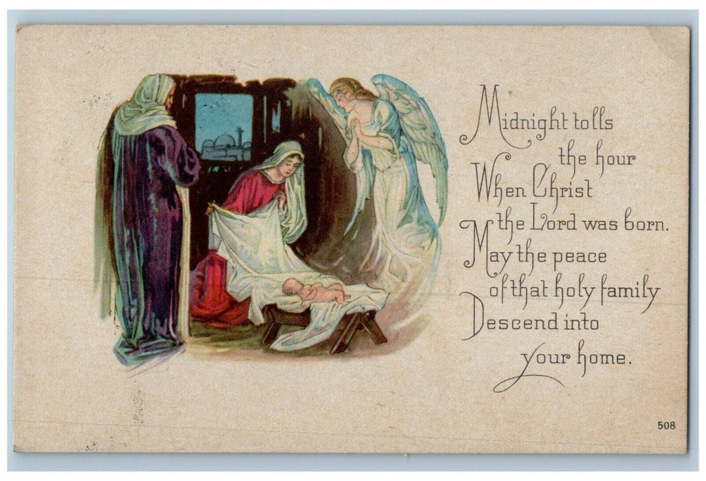 1923 Christmas Baby Jesus Angel Religious Tide Christmas Seal Vintage Postcard