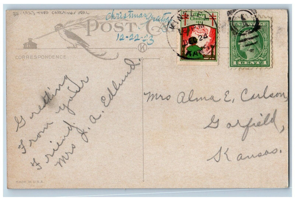 1923 Christmas Baby Jesus Angel Religious Tide Christmas Seal Vintage Postcard