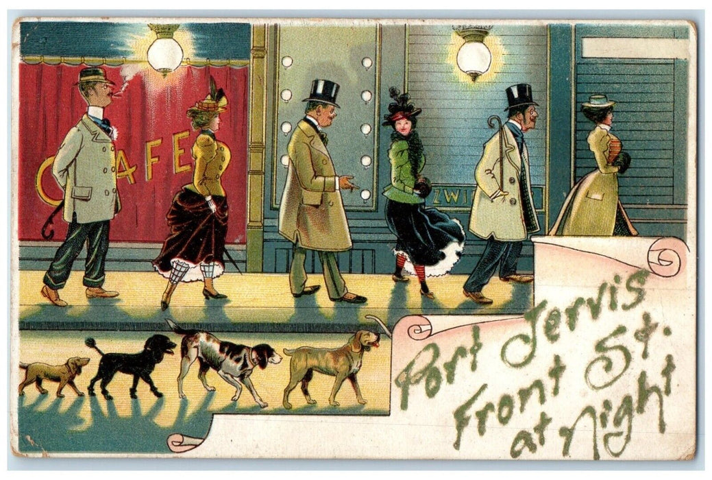 1908 Port Jervis Front St. At Night Man Smoking Cigar Dogs Callicoon NY Postcard