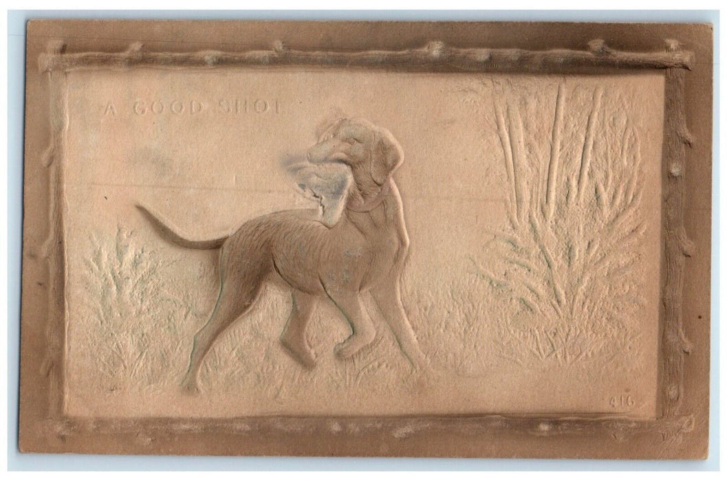 c1905 Dog A Good Shot Hunting Hound Airbrushed Embossed Antique Postcard