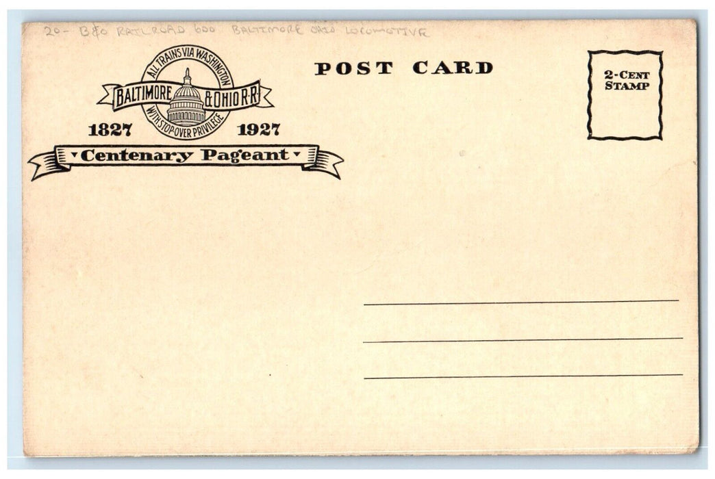 c1905 B&O Railroad 600 Baltimore Ohio Locomotive Train Antique Postcard