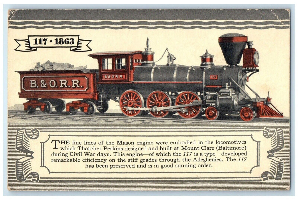 c1905 B&O Railroad 117-1863 Baltimore Ohio Locomotive Train Antique Postcard