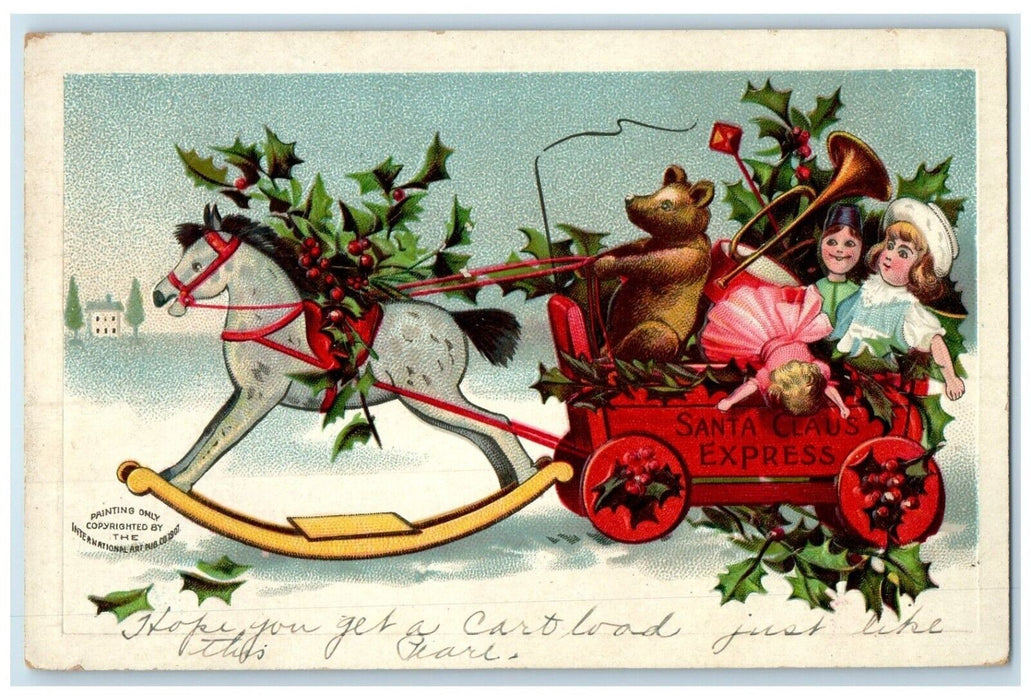 1909 Christmas Santa Claus Bear Toys Rocking Horse Berries Clapsaddle Postcard