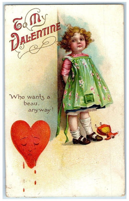 1911 Valentine Little Girl Crying Doll Heart Clapsaddle Hurleyville NYPostcard