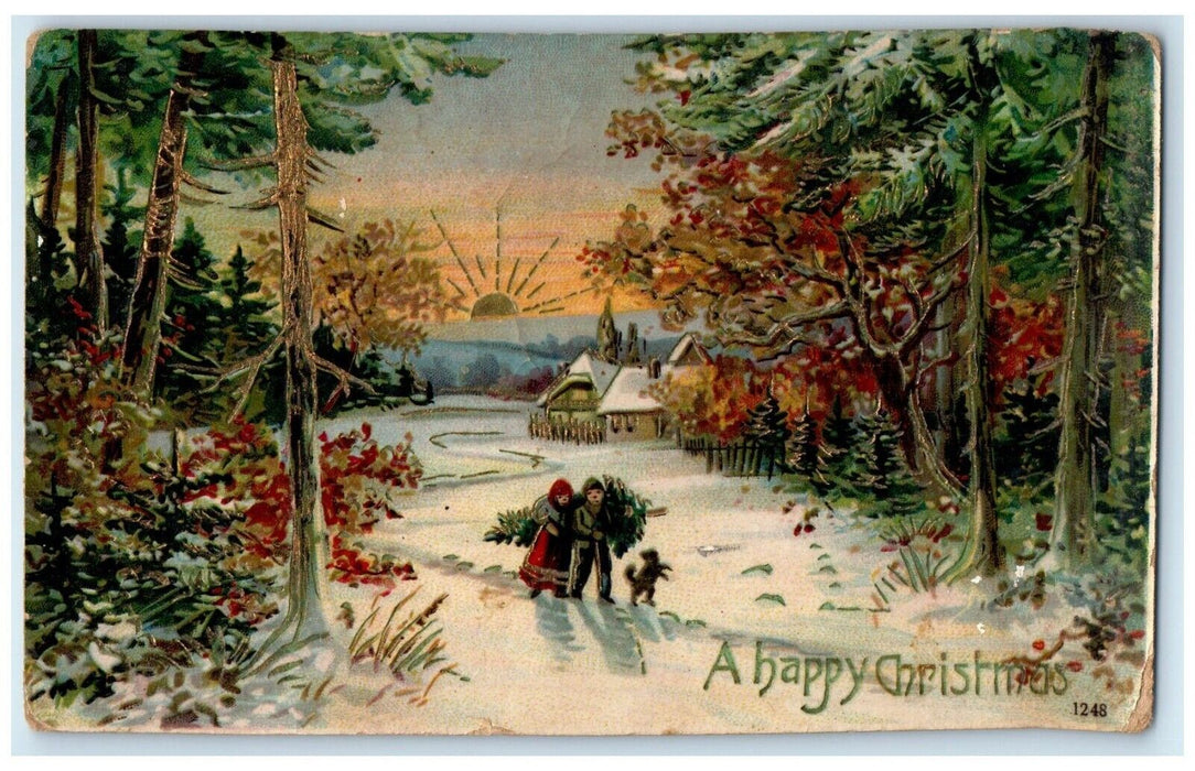 1911 Christmas Children Carrying Pine Tree Dog Winter Gel Gold Gilt Postcard
