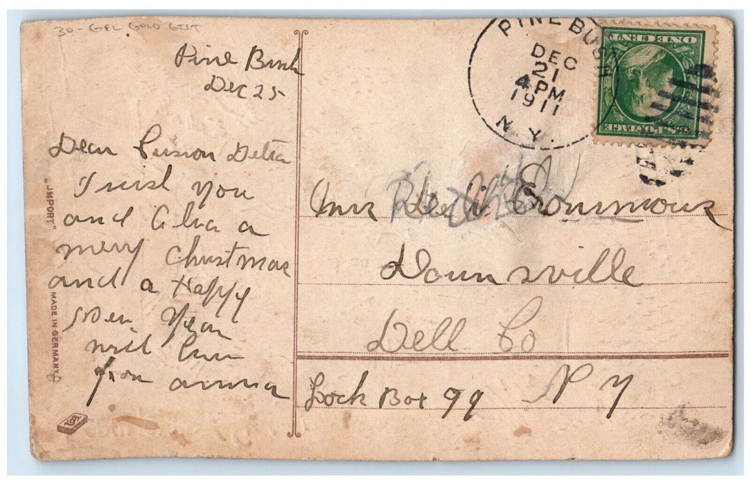 1911 Christmas Children Carrying Pine Tree Dog Winter Gel Gold Gilt Postcard