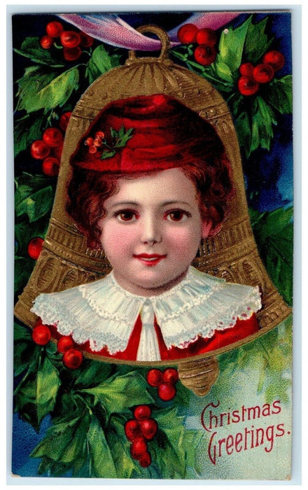 c1910's Christmas Greetings Cute Girl Giant Bell Holly Berries Embossed Postcard