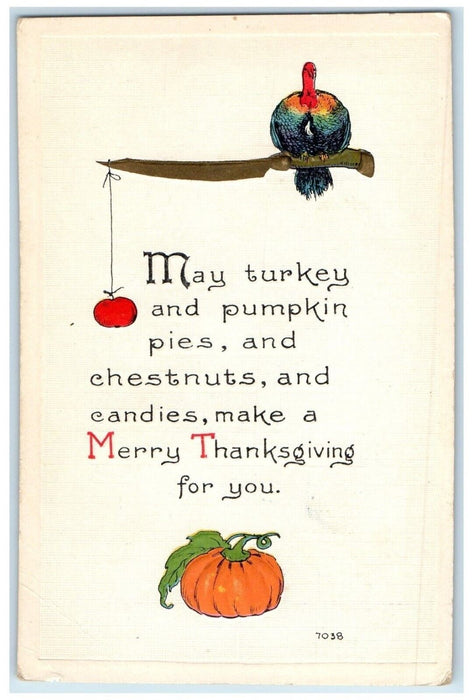 c1910's Thanksgiving Turkey On Top Of Knife Pumpkin Embossed Antique Postcard