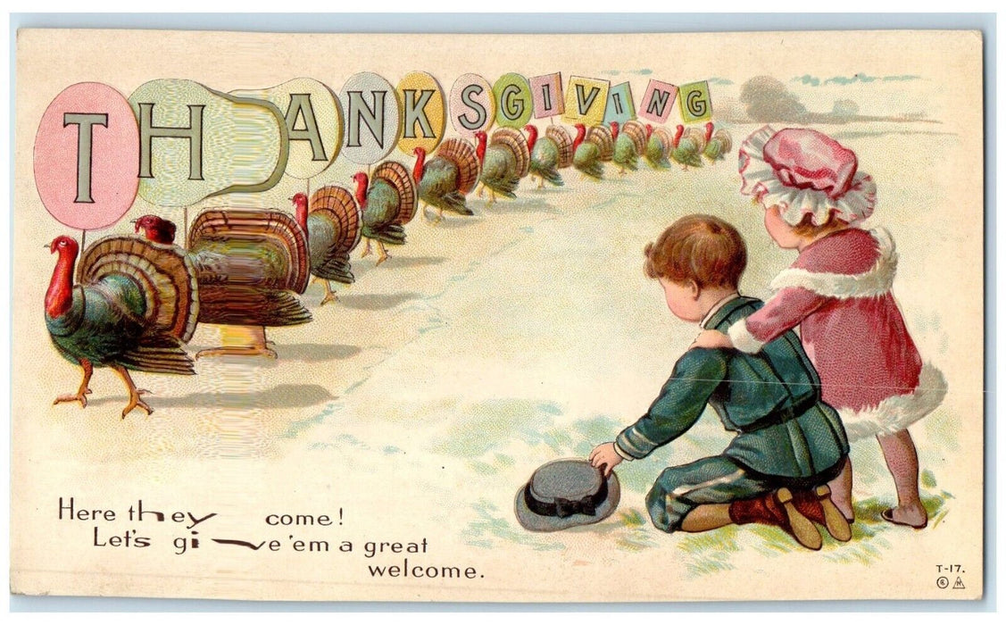 c1910's Thanksgiving Turkeys Walking Children Bended Knee Embossed Postcard