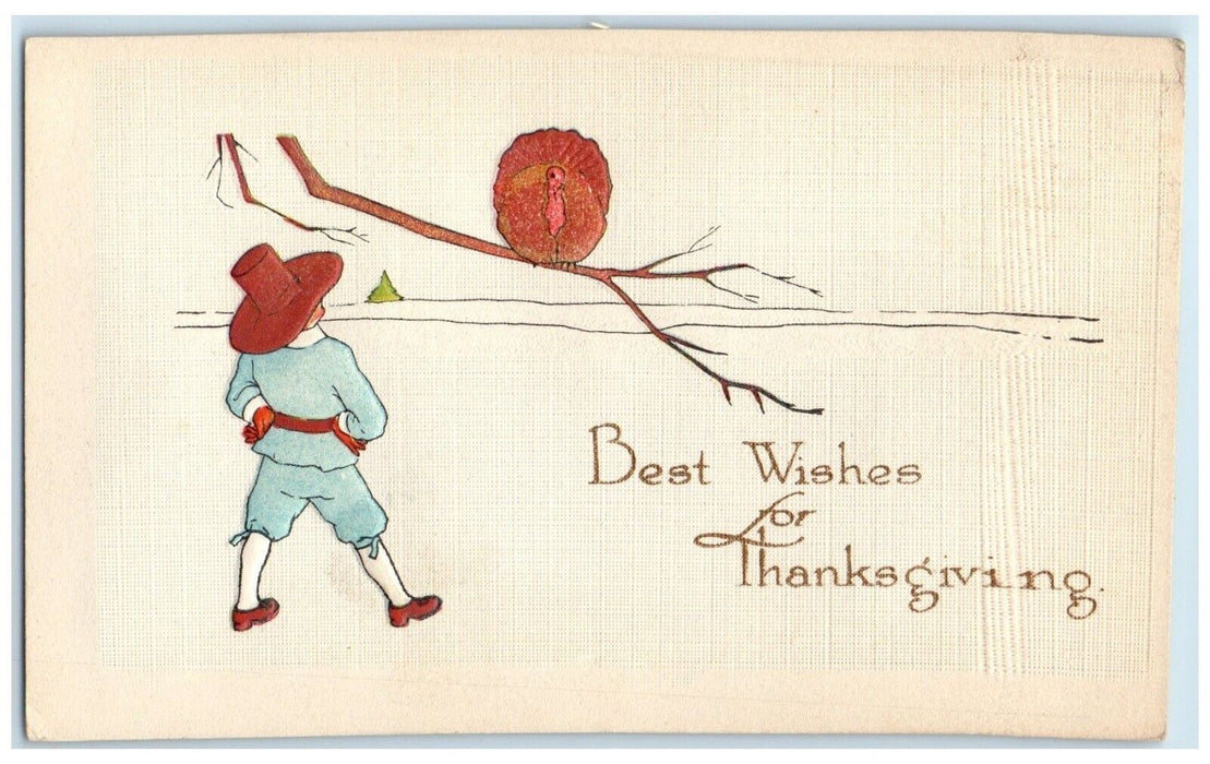 c1910's Thanksgiving Boy And Turkey On The Tree Branch Embossed Antique Postcard