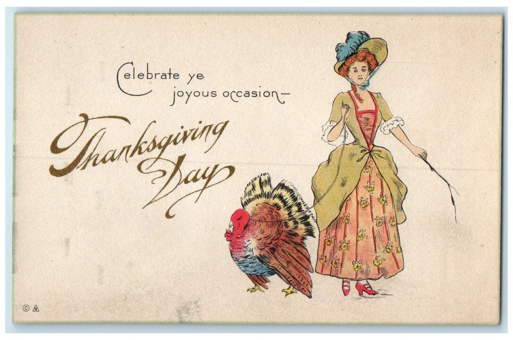 c1910's Thanksgiving Pretty Woman And Turkey Unposted Antique Postcard