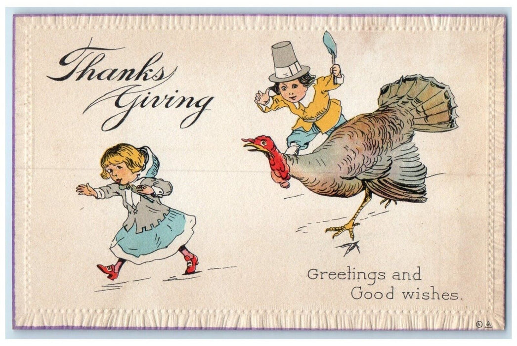 c1910's Thanksgiving Greetings Turkey Chasing Girl Unposted Antique Postcard
