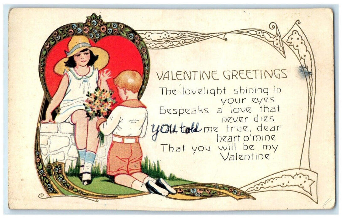 c1910's Valentine Greetings Sweet Couple Flowers Embossed Antique Postcard