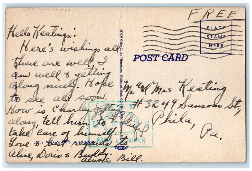 c1940's Military Soldiers Smoking Gambling Comic Humor WW2 Soldier Mail Postcard