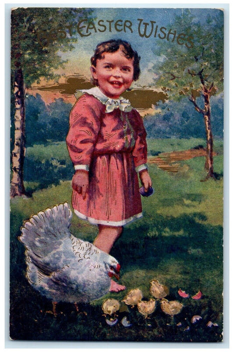 c1910's Easter Wishes Cute Girl Chicken Hen Hatched Eggs Embossed Postcard