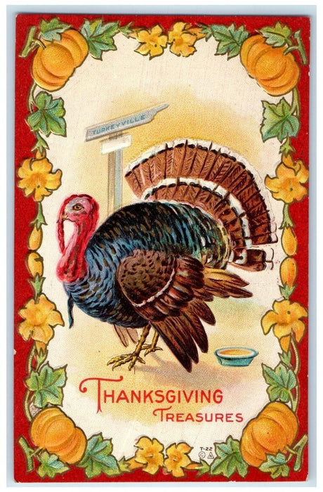 c1910's Thanksgiving Treasures Turkey Turkeyville Sign Pumpkin Embossed Postcard
