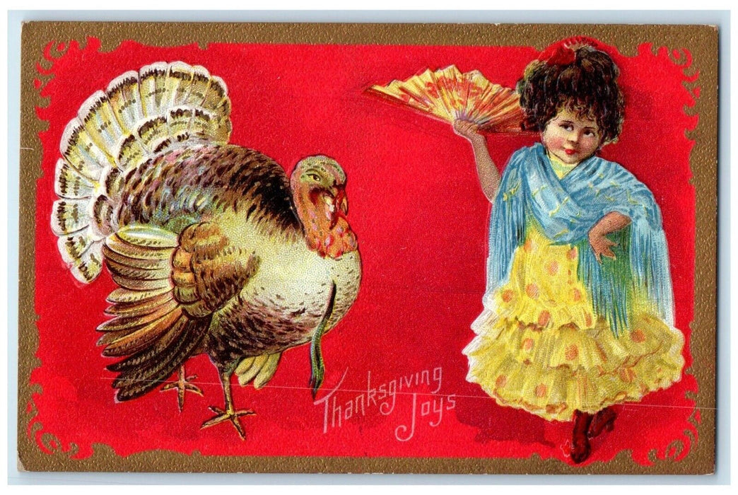 c1910's Thanksgiving Joys Girl Turkey Embossed Unposted Antique Postcard