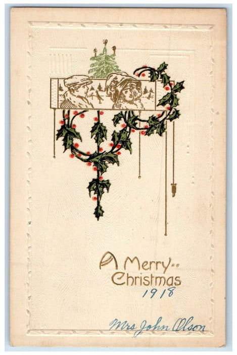 1918 Christmas Holly Berries Embossed Garfield Kansas KS Posted Antique Postcard