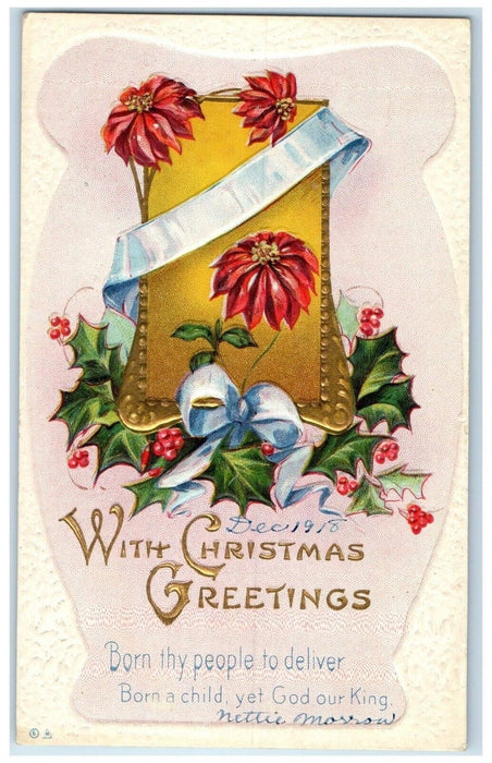 1918 Christmas Greetings Poinsettia Flowers Berries Nash Garfield KS Postcard