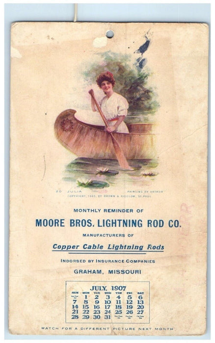c1905 Moore Bros. Lightning Rod Co. Graham MO, Woman Canoeing Calendar Postcard
