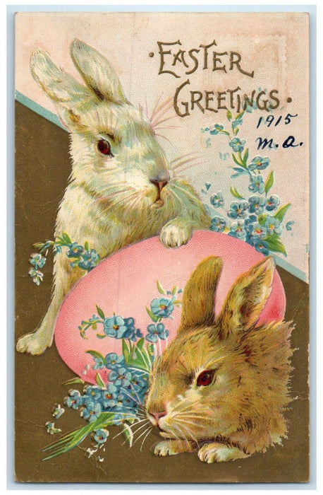 1915 Easter Greetings Bunnies Rabbit Pansies Flowers Embossed Antique Postcard