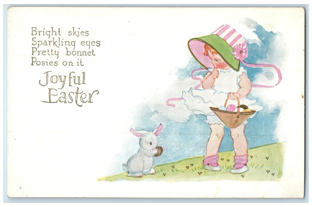 c1910's Easter Little Girl Bonnet Eggs Basket Bunny Rabbit Embossed Postcard