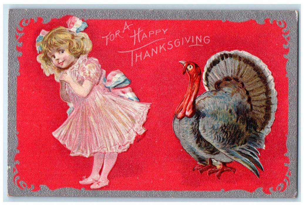 c1910's Thanksgiving Pretty Girl And Turkey Embossed Unposted Antique Postcard