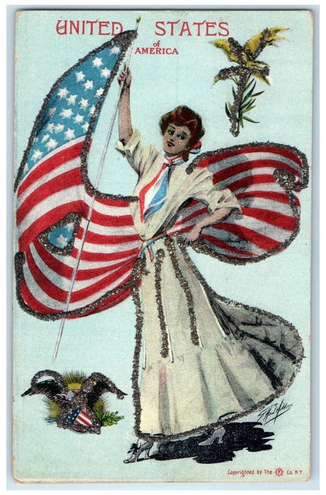 c1905 United States Of America Woman Patriotic Flag Glitter Antique Postcard