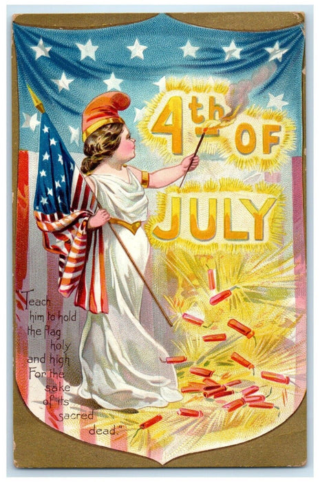 1908 Fourth Of July Girl Flag Patriotic Fire Cracker Embossed Tuck's Postcard