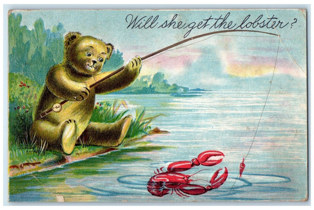 1908 Bear Cached Lobster Greenfield New York NY Embossed Posted Antique Postcard