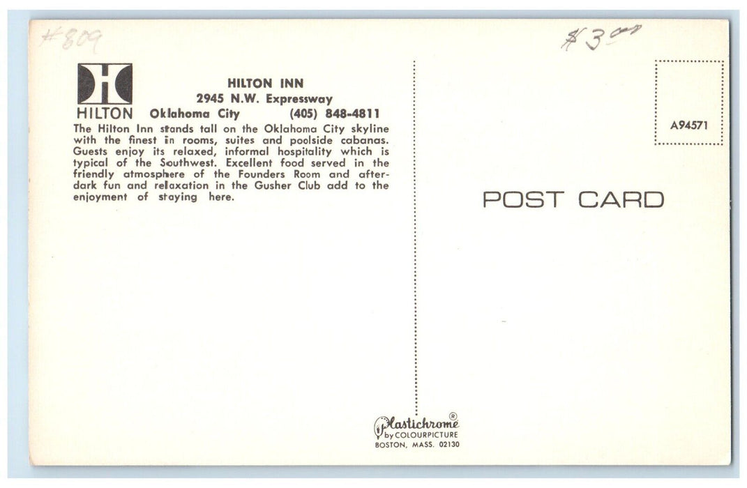 c1950's Hilton Inn Motel Building Swimming Pool Oklahoma City OK Postcard