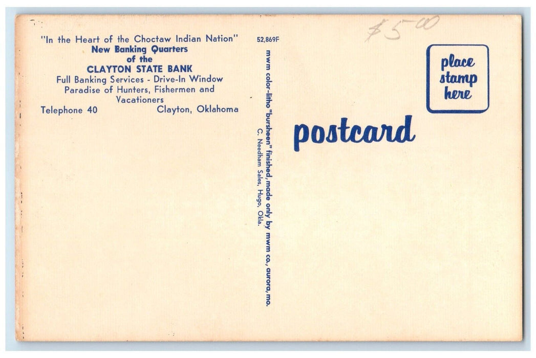 c1950's New Banking Quarters Of Clayton State Bank Clayton Oklahoma OK Postcard