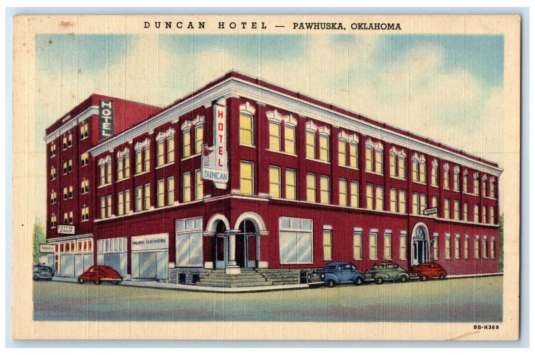 c1930's Duncan Hotel Building Coffee Shop Cars Pawhuska Oklahoma OK Postcard