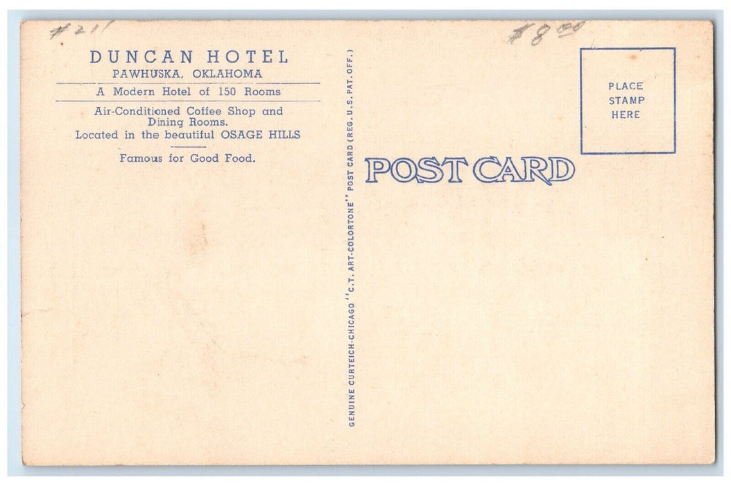 c1930's Duncan Hotel Building Coffee Shop Cars Pawhuska Oklahoma OK Postcard