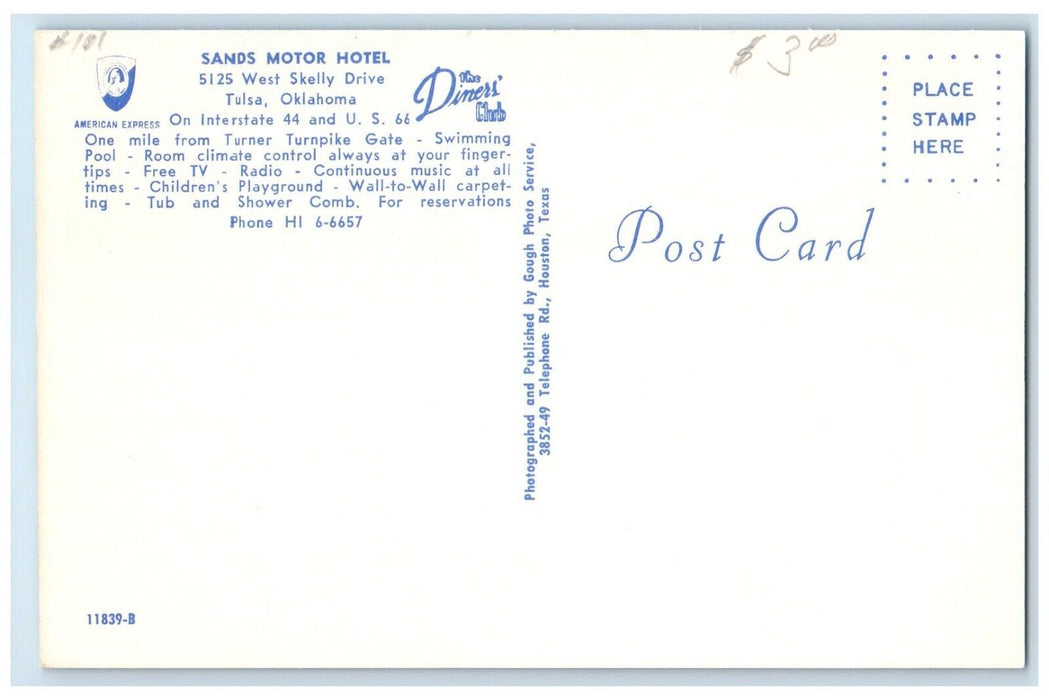 c1960's Sands Motor Hotel Restaurant Pool Room View Tulsa Oklahoma OK Postcard